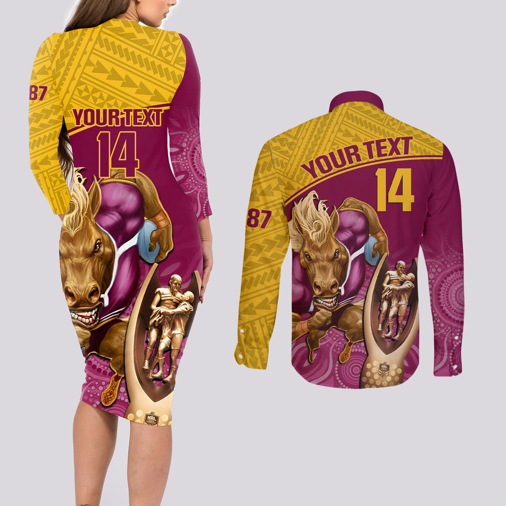 custom-brisbane-broncos-rugby-couples-matching-long-sleeve-bodycon-dress-and-long-sleeve-button-shirts-go-champions-2023-mascot-with-polynesian-indigenous-art