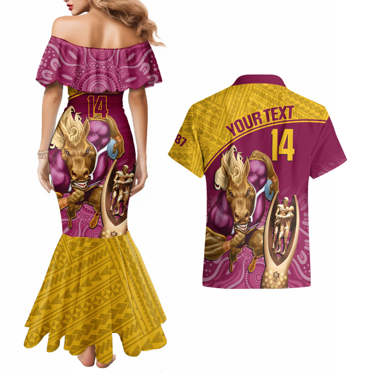 custom-brisbane-broncos-rugby-couples-matching-mermaid-dress-and-hawaiian-shirt-go-champions-2023-mascot-with-polynesian-indigenous-art
