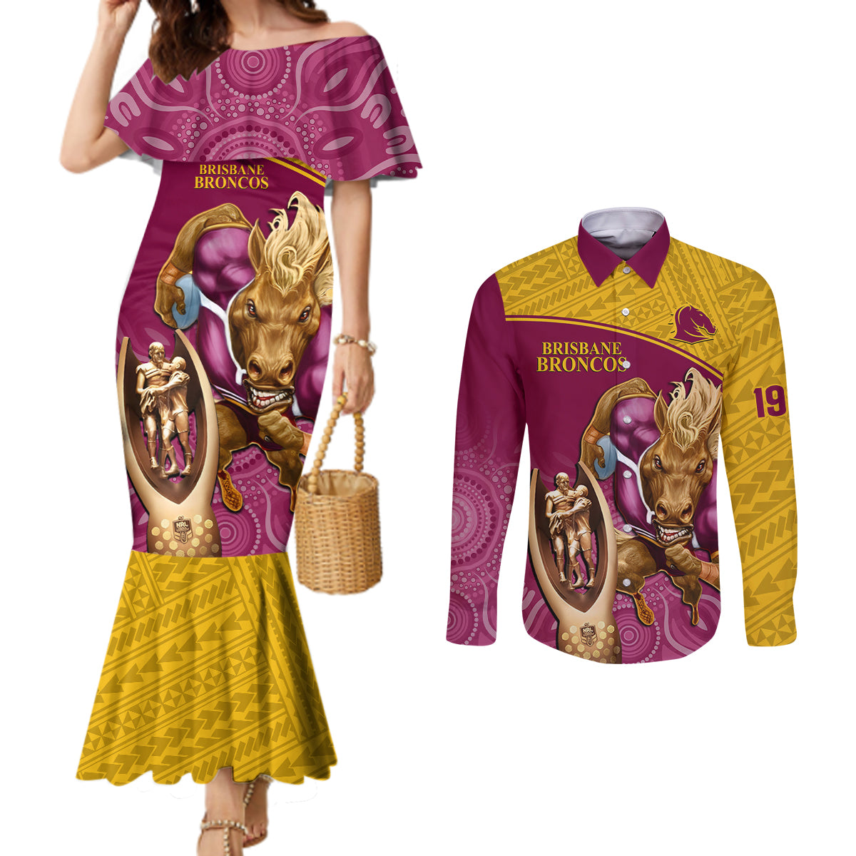 custom-brisbane-broncos-rugby-couples-matching-mermaid-dress-and-long-sleeve-button-shirts-go-champions-2023-mascot-with-polynesian-indigenous-art