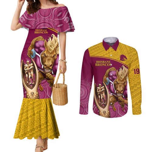 custom-brisbane-broncos-rugby-couples-matching-mermaid-dress-and-long-sleeve-button-shirts-go-champions-2023-mascot-with-polynesian-indigenous-art