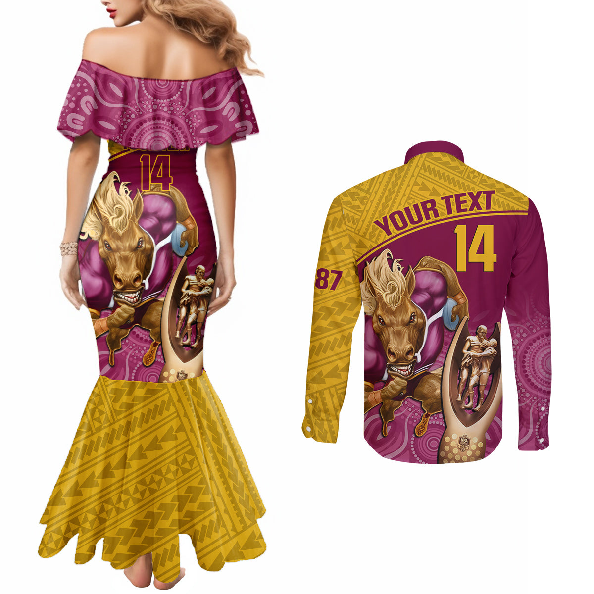 custom-brisbane-broncos-rugby-couples-matching-mermaid-dress-and-long-sleeve-button-shirts-go-champions-2023-mascot-with-polynesian-indigenous-art