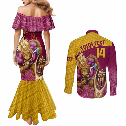 custom-brisbane-broncos-rugby-couples-matching-mermaid-dress-and-long-sleeve-button-shirts-go-champions-2023-mascot-with-polynesian-indigenous-art