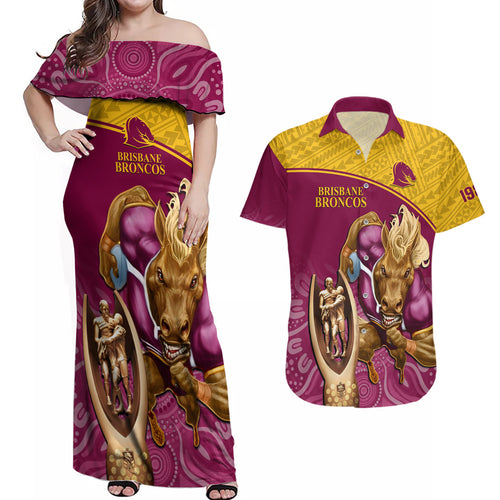 custom-brisbane-broncos-rugby-couples-matching-off-shoulder-maxi-dress-and-hawaiian-shirt-go-champions-2023-mascot-with-polynesian-indigenous-art
