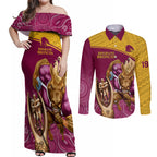 custom-brisbane-broncos-rugby-couples-matching-off-shoulder-maxi-dress-and-long-sleeve-button-shirts-go-champions-2023-mascot-with-polynesian-indigenous-art