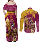 custom-brisbane-broncos-rugby-couples-matching-off-shoulder-maxi-dress-and-long-sleeve-button-shirts-go-champions-2023-mascot-with-polynesian-indigenous-art
