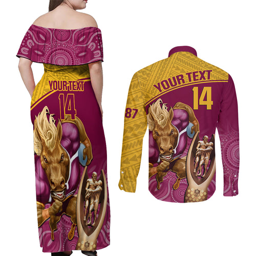 custom-brisbane-broncos-rugby-couples-matching-off-shoulder-maxi-dress-and-long-sleeve-button-shirts-go-champions-2023-mascot-with-polynesian-indigenous-art