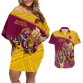 custom-brisbane-broncos-rugby-couples-matching-off-shoulder-short-dress-and-hawaiian-shirt-go-champions-2023-mascot-with-polynesian-indigenous-art