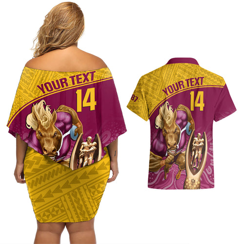 custom-brisbane-broncos-rugby-couples-matching-off-shoulder-short-dress-and-hawaiian-shirt-go-champions-2023-mascot-with-polynesian-indigenous-art