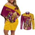 custom-brisbane-broncos-rugby-couples-matching-off-shoulder-short-dress-and-long-sleeve-button-shirts-go-champions-2023-mascot-with-polynesian-indigenous-art