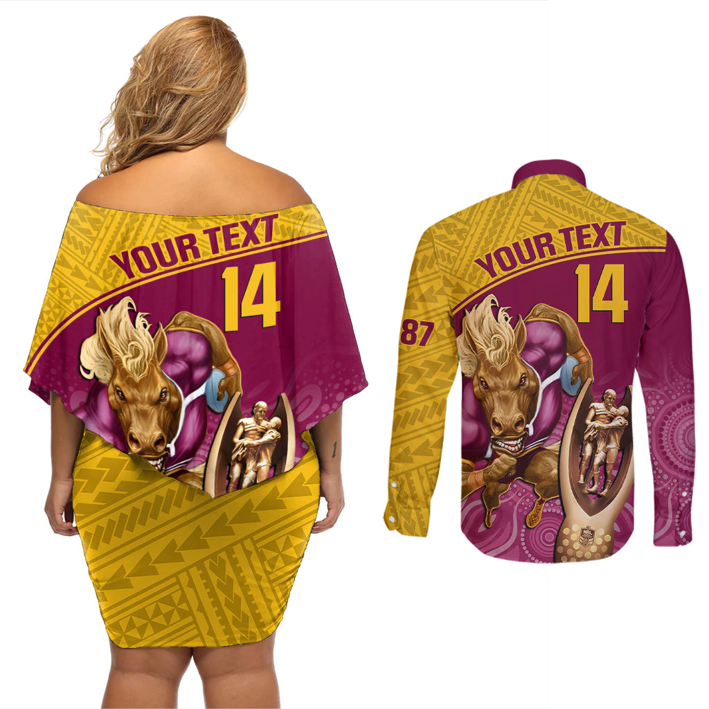 custom-brisbane-broncos-rugby-couples-matching-off-shoulder-short-dress-and-long-sleeve-button-shirts-go-champions-2023-mascot-with-polynesian-indigenous-art