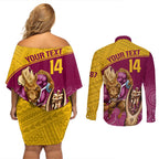 custom-brisbane-broncos-rugby-couples-matching-off-shoulder-short-dress-and-long-sleeve-button-shirts-go-champions-2023-mascot-with-polynesian-indigenous-art
