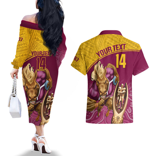 custom-brisbane-broncos-rugby-couples-matching-off-the-shoulder-long-sleeve-dress-and-hawaiian-shirt-go-champions-2023-mascot-with-polynesian-indigenous-art