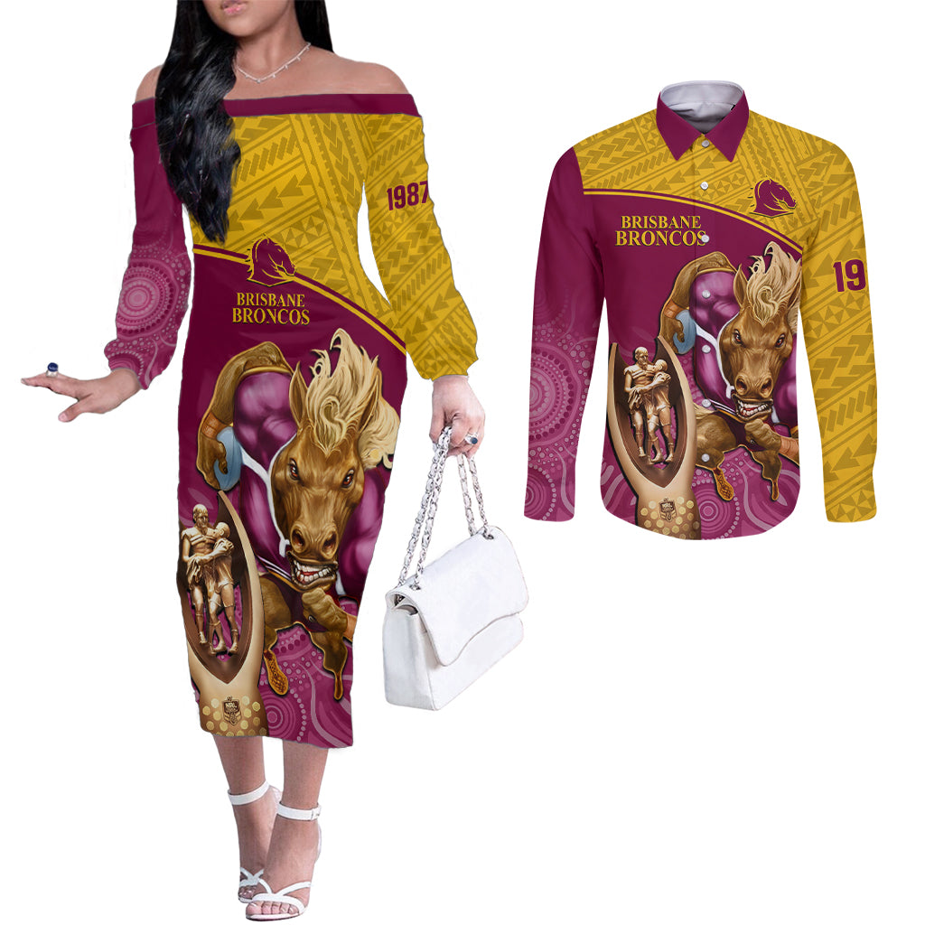 custom-brisbane-broncos-rugby-couples-matching-off-the-shoulder-long-sleeve-dress-and-long-sleeve-button-shirts-go-champions-2023-mascot-with-polynesian-indigenous-art
