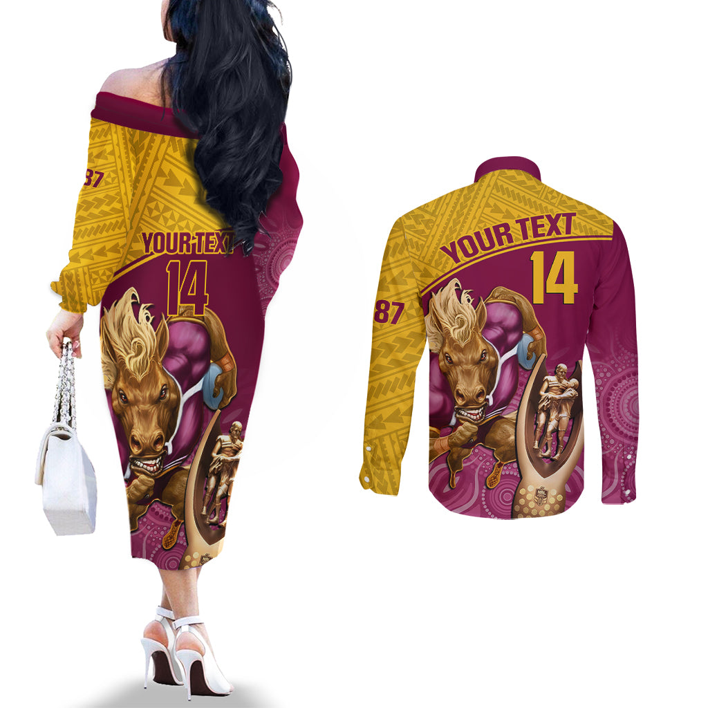 custom-brisbane-broncos-rugby-couples-matching-off-the-shoulder-long-sleeve-dress-and-long-sleeve-button-shirts-go-champions-2023-mascot-with-polynesian-indigenous-art