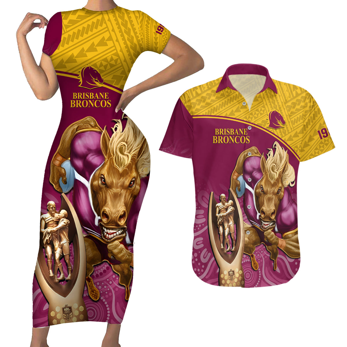 custom-brisbane-broncos-rugby-couples-matching-short-sleeve-bodycon-dress-and-hawaiian-shirt-go-champions-2023-mascot-with-polynesian-indigenous-art