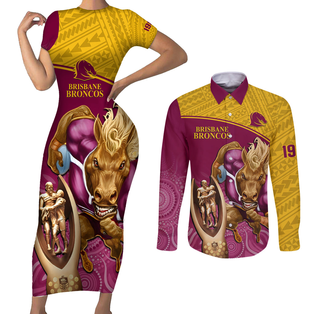 custom-brisbane-broncos-rugby-couples-matching-short-sleeve-bodycon-dress-and-long-sleeve-button-shirts-go-champions-2023-mascot-with-polynesian-indigenous-art