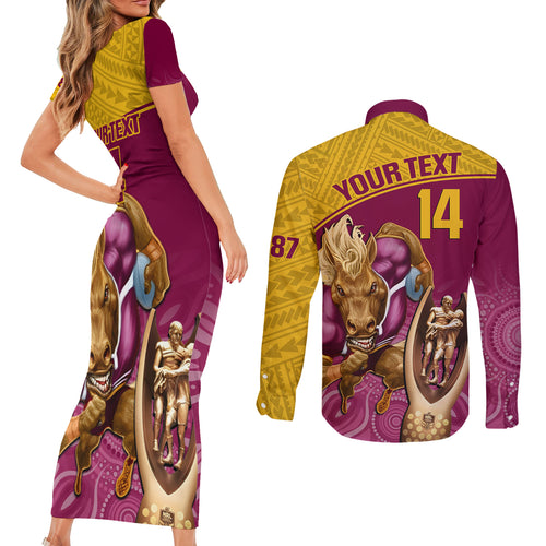 custom-brisbane-broncos-rugby-couples-matching-short-sleeve-bodycon-dress-and-long-sleeve-button-shirts-go-champions-2023-mascot-with-polynesian-indigenous-art