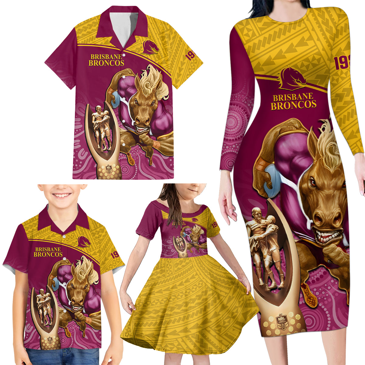 custom-brisbane-broncos-rugby-family-matching-long-sleeve-bodycon-dress-and-hawaiian-shirt-go-champions-2023-mascot-with-polynesian-indigenous-art