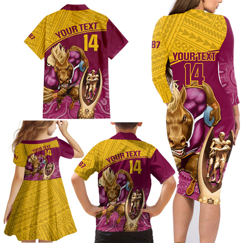 custom-brisbane-broncos-rugby-family-matching-long-sleeve-bodycon-dress-and-hawaiian-shirt-go-champions-2023-mascot-with-polynesian-indigenous-art