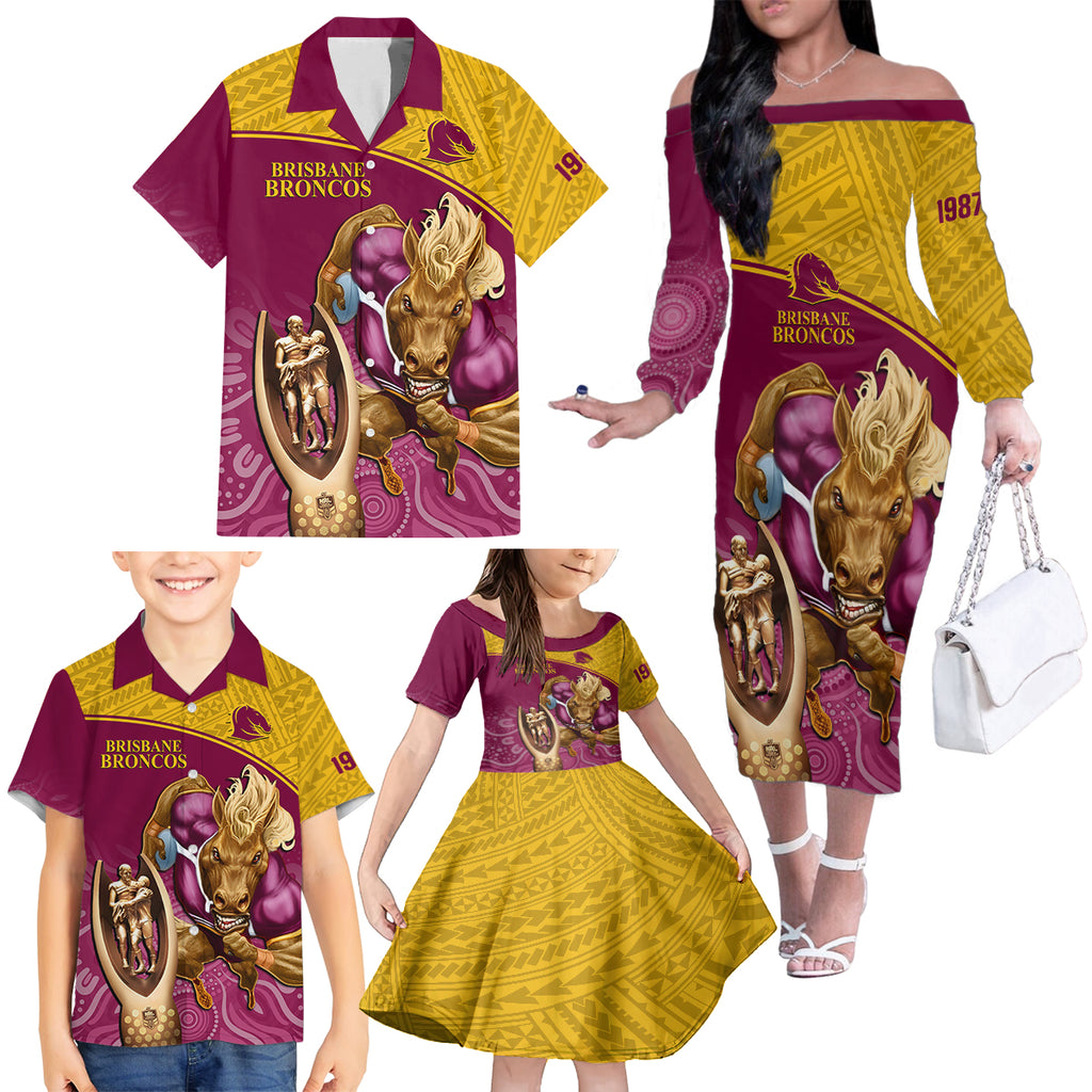 custom-brisbane-broncos-rugby-family-matching-off-shoulder-long-sleeve-dress-and-hawaiian-shirt-go-champions-2023-mascot-with-polynesian-indigenous-art