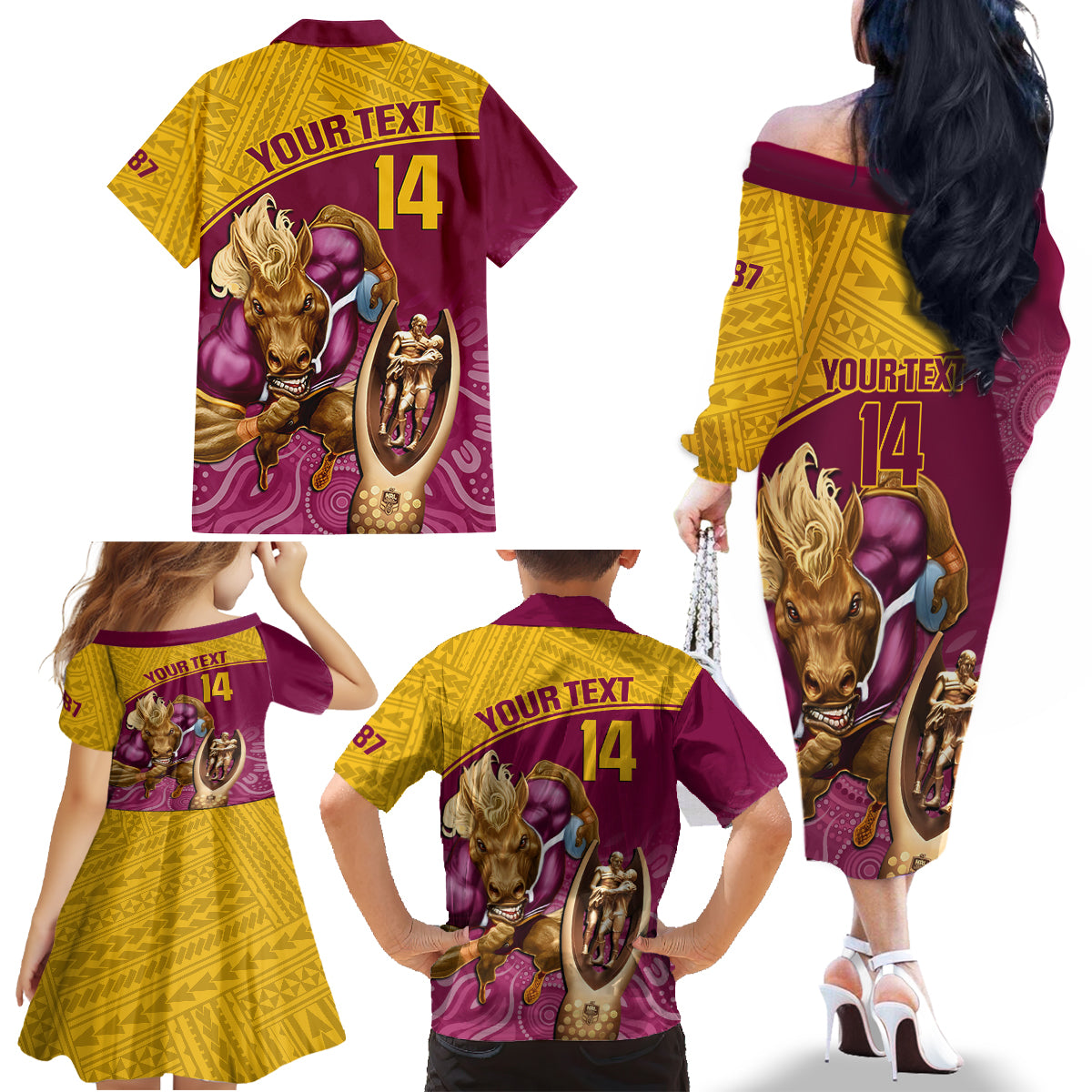 custom-brisbane-broncos-rugby-family-matching-off-shoulder-long-sleeve-dress-and-hawaiian-shirt-go-champions-2023-mascot-with-polynesian-indigenous-art
