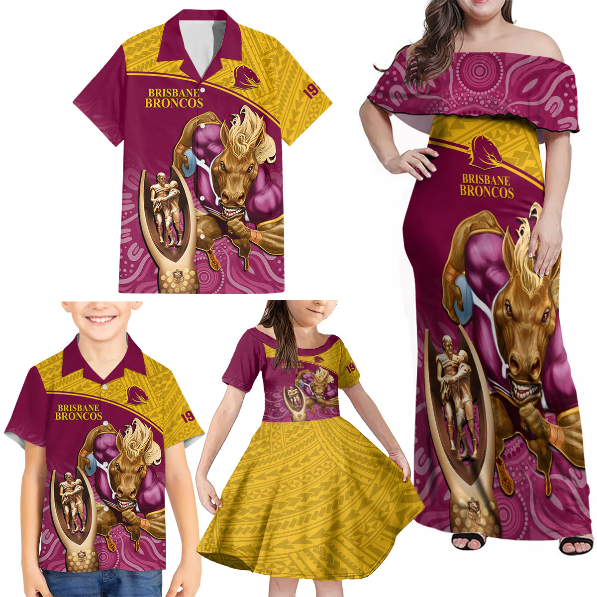 custom-brisbane-broncos-rugby-family-matching-off-shoulder-maxi-dress-and-hawaiian-shirt-go-champions-2023-mascot-with-polynesian-indigenous-art
