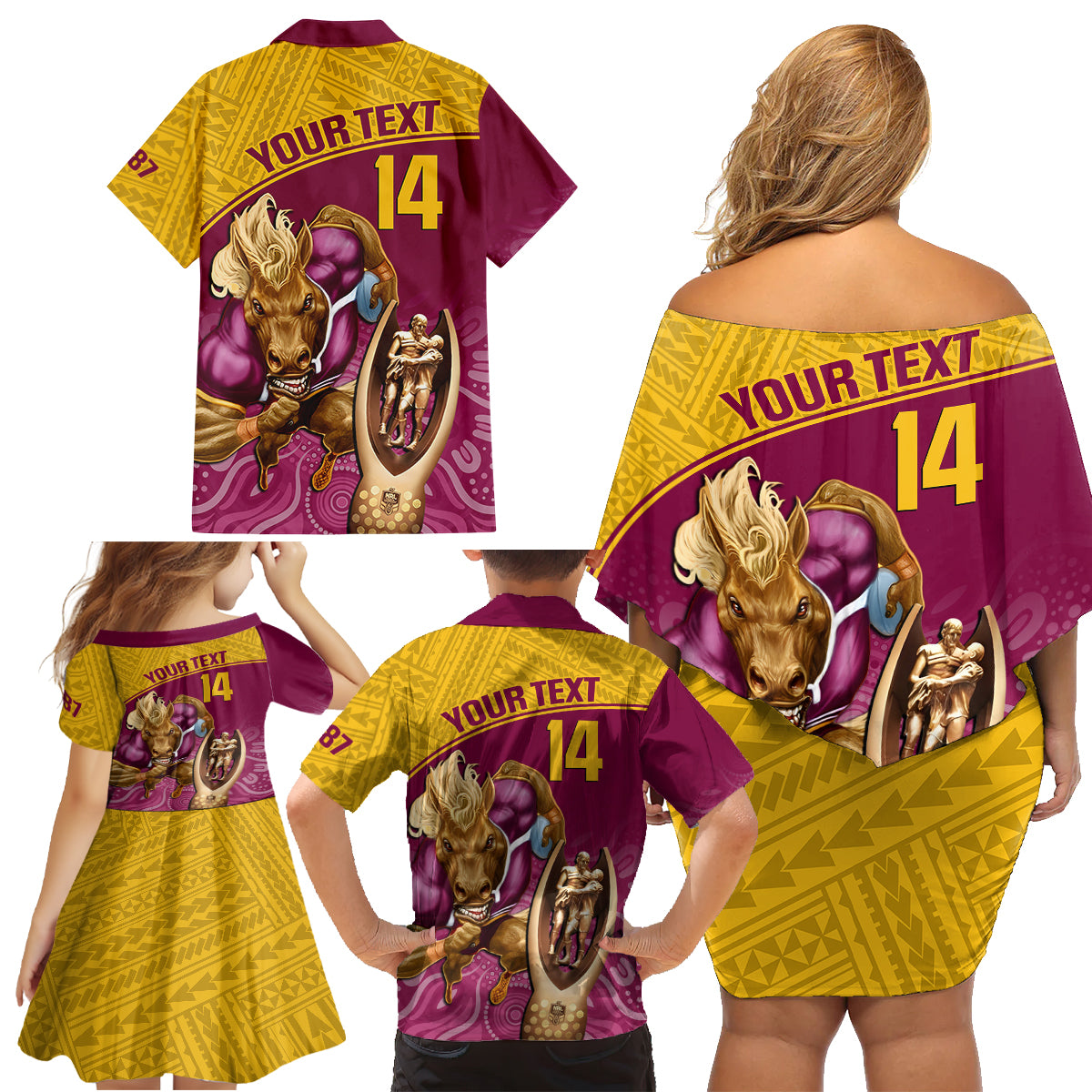 custom-brisbane-broncos-rugby-family-matching-off-shoulder-short-dress-and-hawaiian-shirt-go-champions-2023-mascot-with-polynesian-indigenous-art