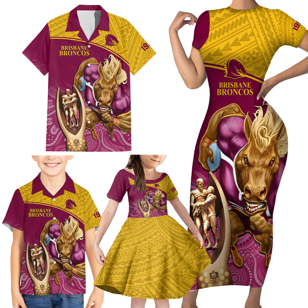 custom-brisbane-broncos-rugby-family-matching-short-sleeve-bodycon-dress-and-hawaiian-shirt-go-champions-2023-mascot-with-polynesian-indigenous-art