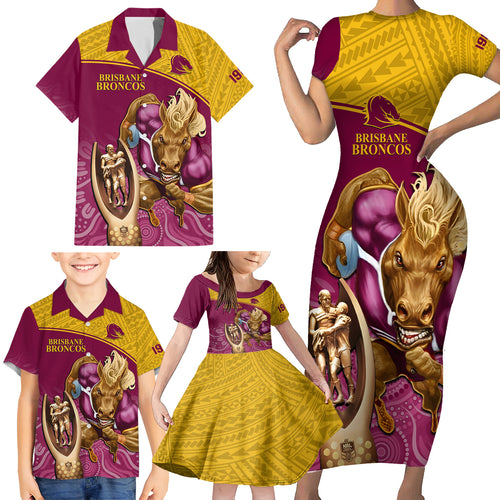 custom-brisbane-broncos-rugby-family-matching-short-sleeve-bodycon-dress-and-hawaiian-shirt-go-champions-2023-mascot-with-polynesian-indigenous-art