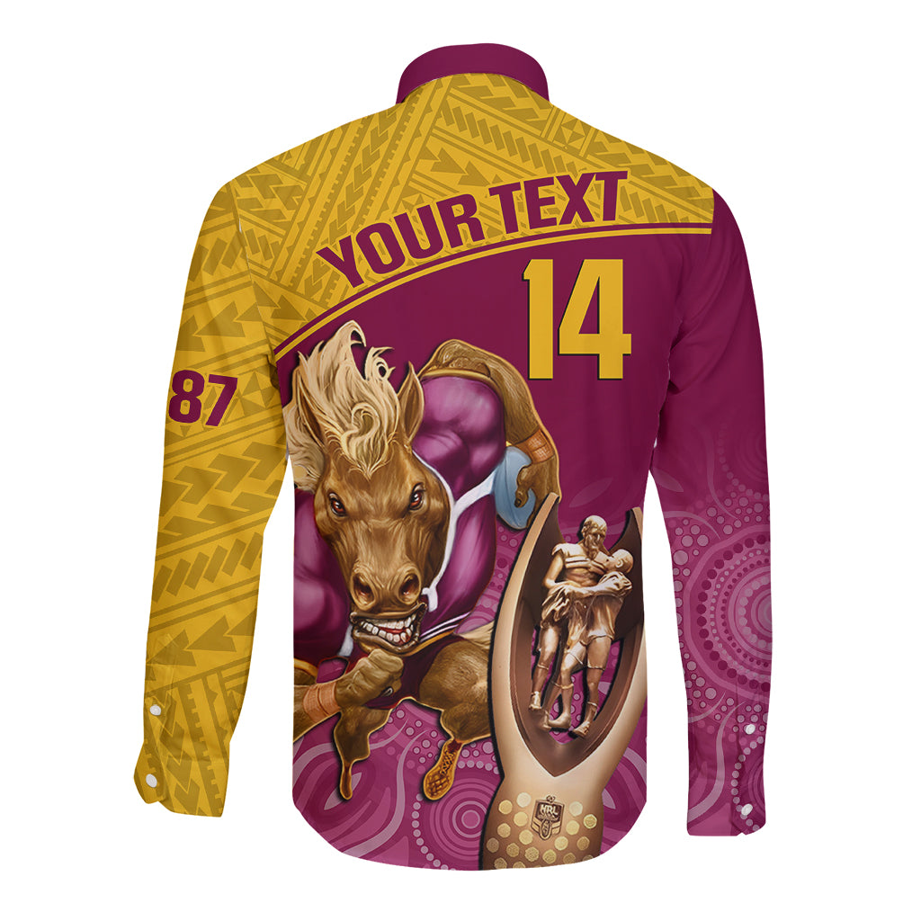 custom-brisbane-broncos-rugby-long-sleeve-button-shirt-go-champions-2023-mascot-with-polynesian-indigenous-art