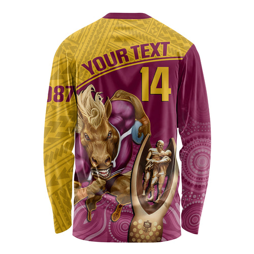 custom-brisbane-broncos-rugby-long-sleeve-shirt-go-champions-2023-mascot-with-polynesian-indigenous-art