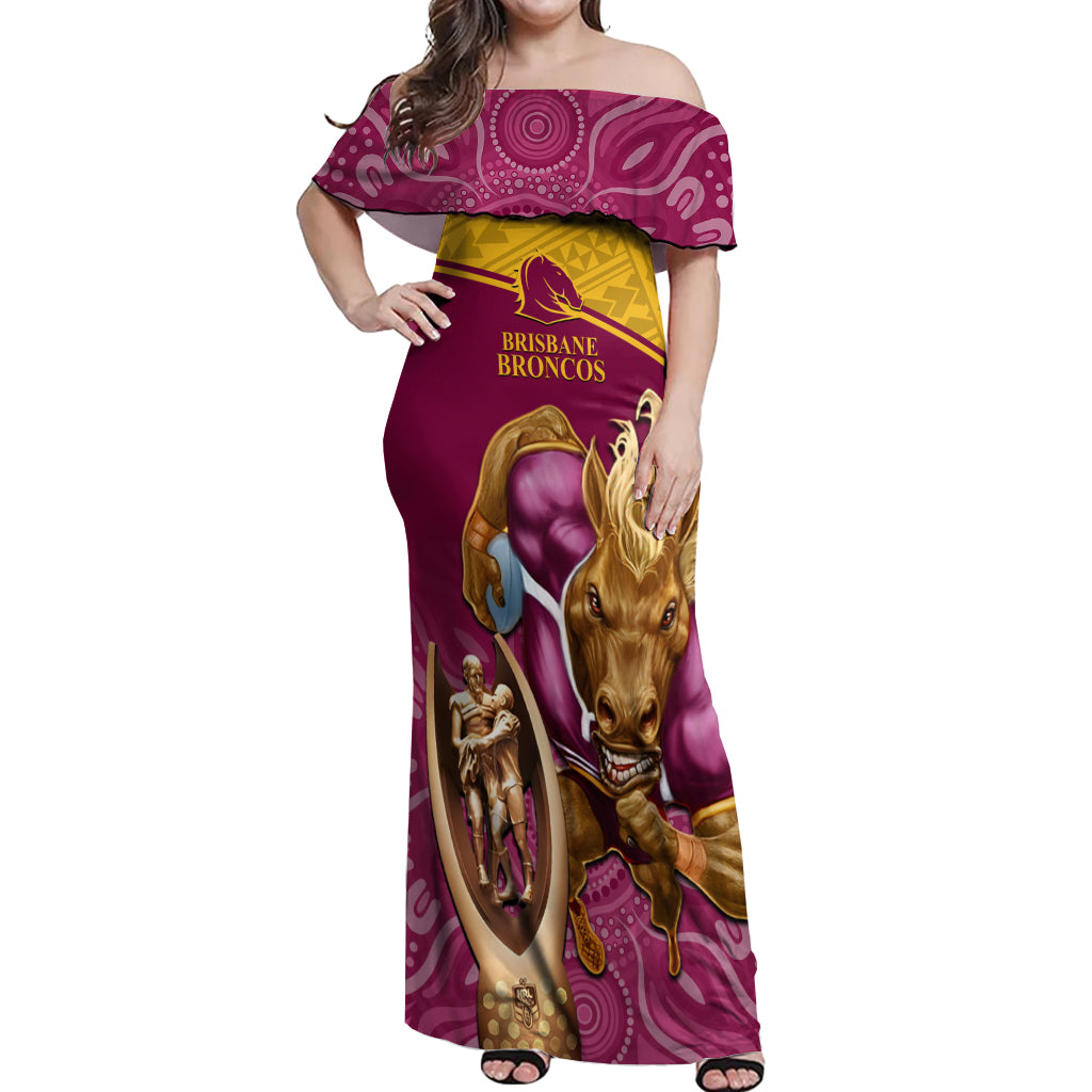 custom-brisbane-broncos-rugby-off-shoulder-maxi-dress-go-champions-2023-mascot-with-polynesian-indigenous-art