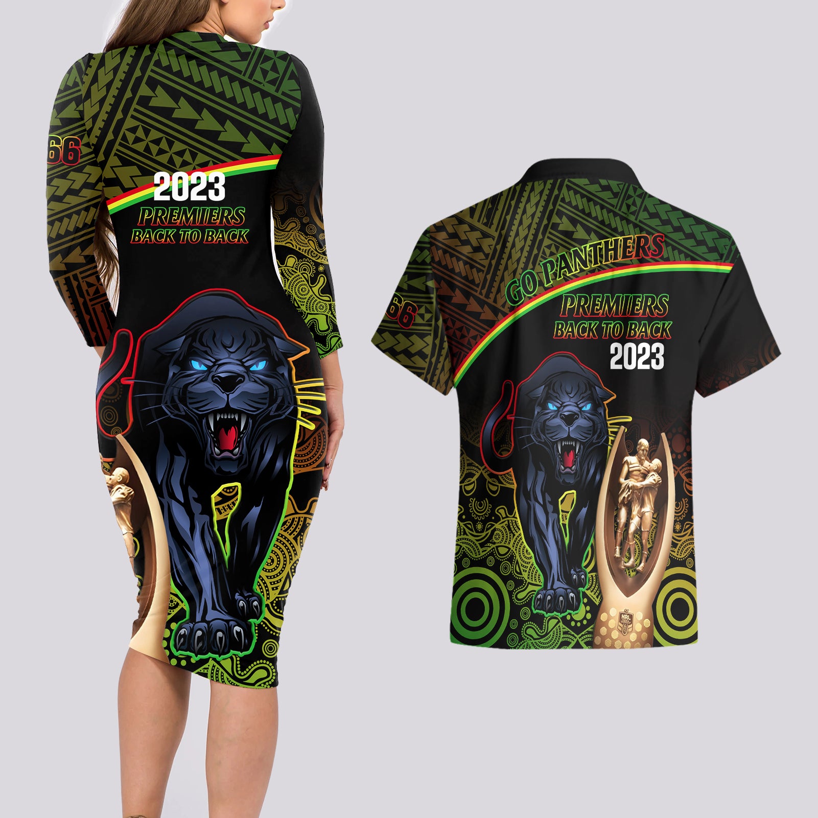 panthers-rugby-couples-matching-long-sleeve-bodycon-dress-and-hawaiian-shirt-go-premiers-back-to-back-polynesian-indigenous-art