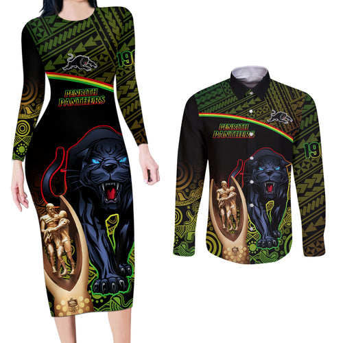 panthers-rugby-couples-matching-long-sleeve-bodycon-dress-and-long-sleeve-button-shirts-go-premiers-back-to-back-polynesian-indigenous-art