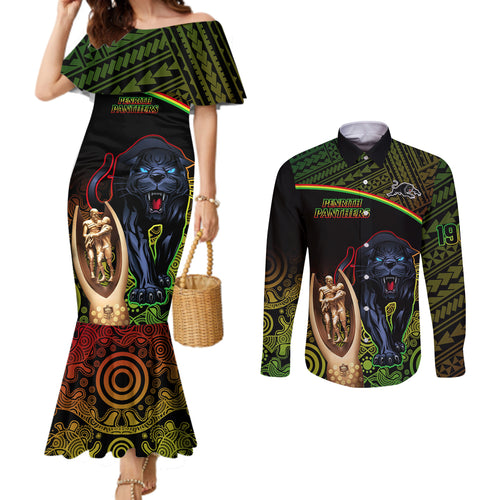 panthers-rugby-couples-matching-mermaid-dress-and-long-sleeve-button-shirts-go-premiers-back-to-back-polynesian-indigenous-art