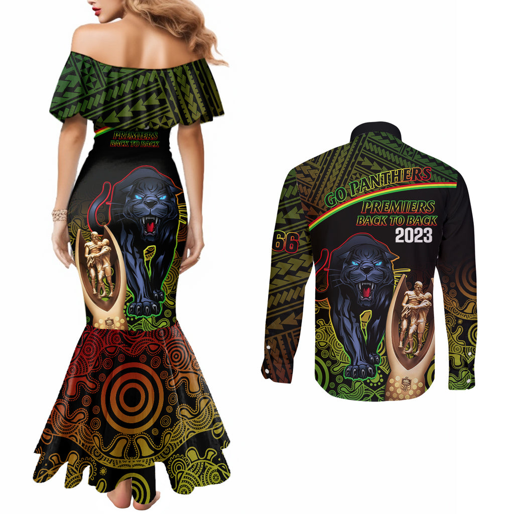 panthers-rugby-couples-matching-mermaid-dress-and-long-sleeve-button-shirts-go-premiers-back-to-back-polynesian-indigenous-art