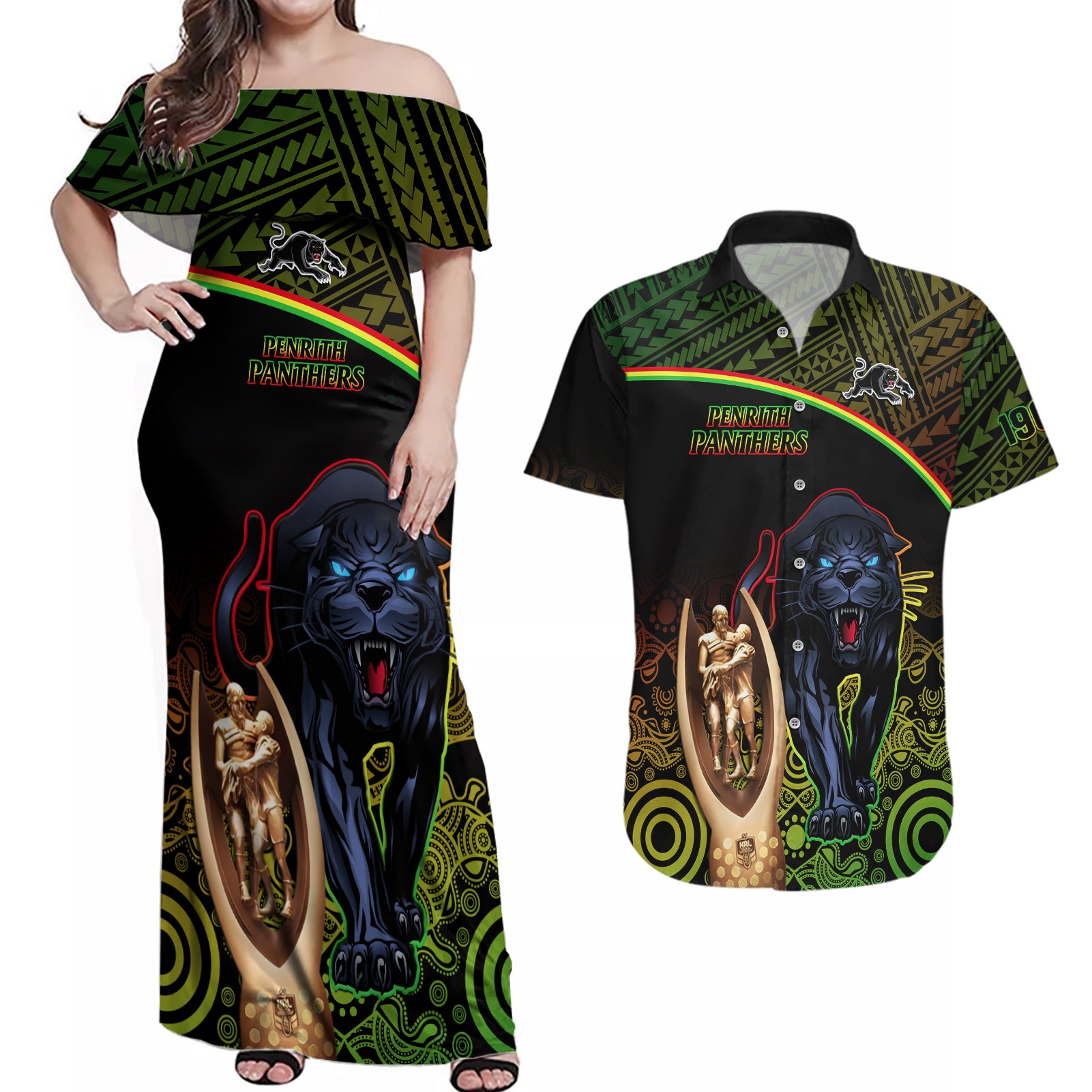 panthers-rugby-couples-matching-off-shoulder-maxi-dress-and-hawaiian-shirt-go-premiers-back-to-back-polynesian-indigenous-art
