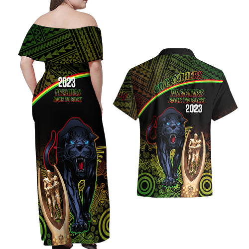 panthers-rugby-couples-matching-off-shoulder-maxi-dress-and-hawaiian-shirt-go-premiers-back-to-back-polynesian-indigenous-art