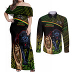 panthers-rugby-couples-matching-off-shoulder-maxi-dress-and-long-sleeve-button-shirts-go-premiers-back-to-back-polynesian-indigenous-art