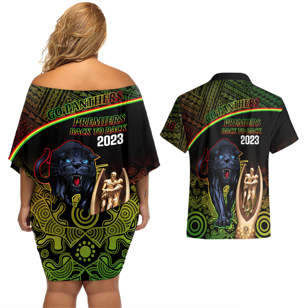 panthers-rugby-couples-matching-off-shoulder-short-dress-and-hawaiian-shirt-go-premiers-back-to-back-polynesian-indigenous-art