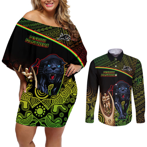 panthers-rugby-couples-matching-off-shoulder-short-dress-and-long-sleeve-button-shirts-go-premiers-back-to-back-polynesian-indigenous-art