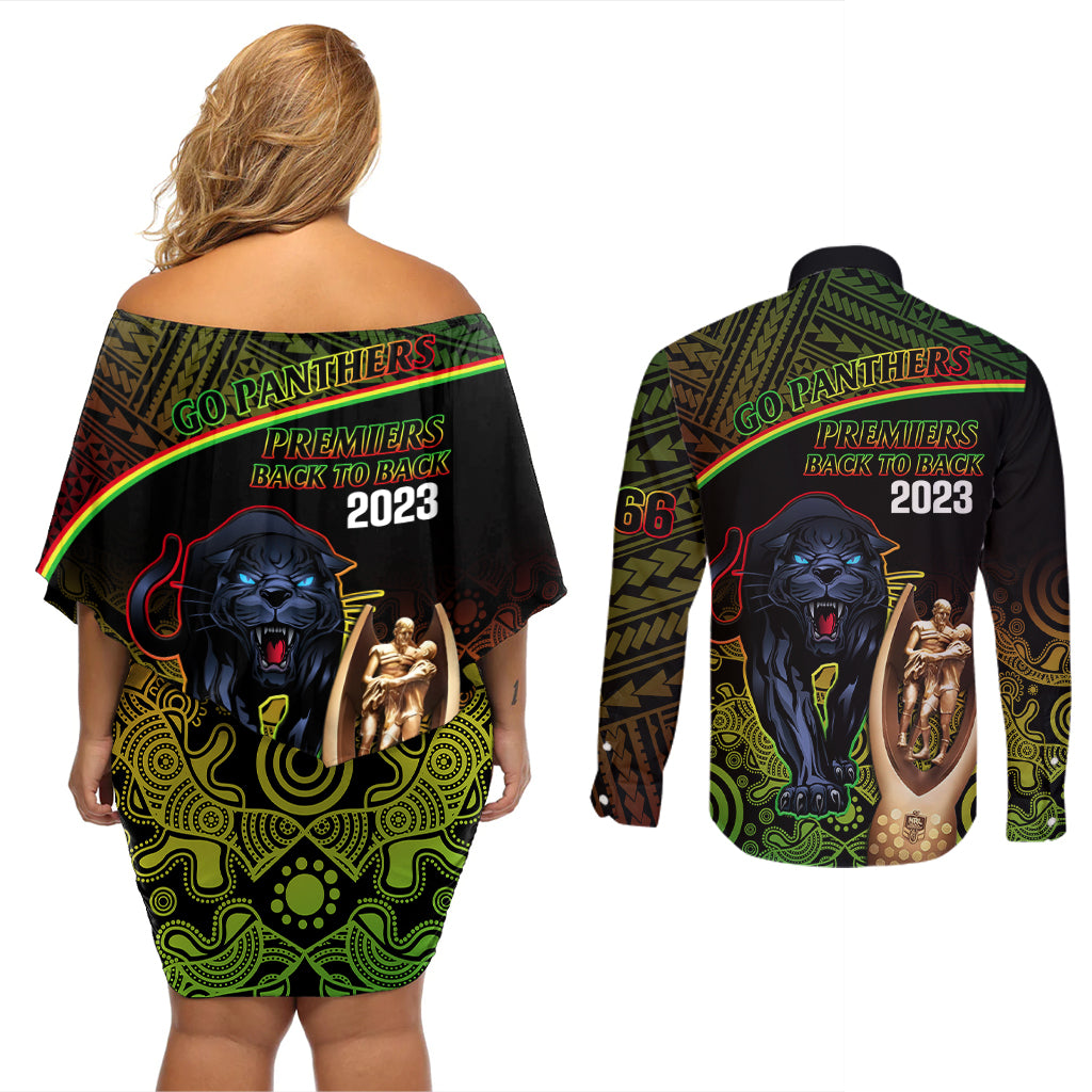 panthers-rugby-couples-matching-off-shoulder-short-dress-and-long-sleeve-button-shirts-go-premiers-back-to-back-polynesian-indigenous-art