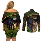 panthers-rugby-couples-matching-off-shoulder-short-dress-and-long-sleeve-button-shirts-go-premiers-back-to-back-polynesian-indigenous-art