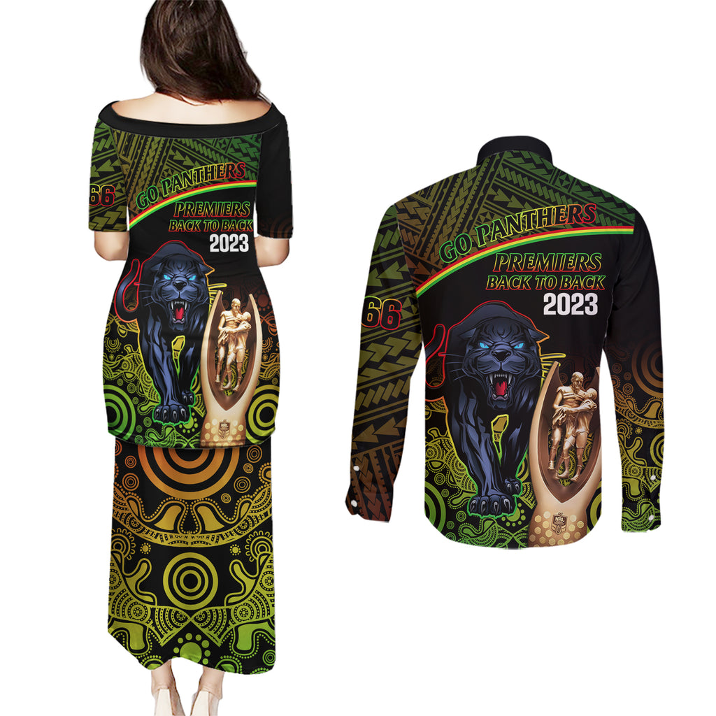 panthers-rugby-couples-matching-puletasi-dress-and-long-sleeve-button-shirts-go-premiers-back-to-back-polynesian-indigenous-art