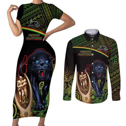 panthers-rugby-couples-matching-short-sleeve-bodycon-dress-and-long-sleeve-button-shirts-go-premiers-back-to-back-polynesian-indigenous-art
