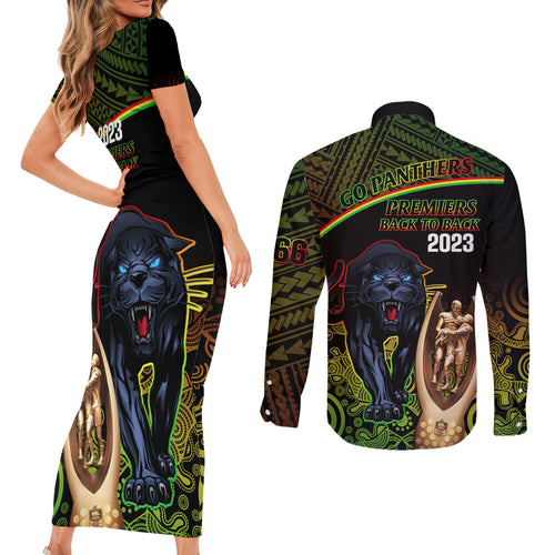 panthers-rugby-couples-matching-short-sleeve-bodycon-dress-and-long-sleeve-button-shirts-go-premiers-back-to-back-polynesian-indigenous-art