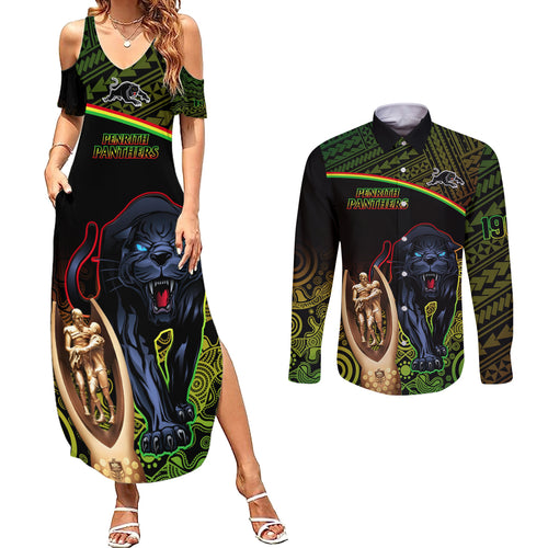 panthers-rugby-couples-matching-summer-maxi-dress-and-long-sleeve-button-shirts-go-premiers-back-to-back-polynesian-indigenous-art