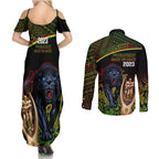 panthers-rugby-couples-matching-summer-maxi-dress-and-long-sleeve-button-shirts-go-premiers-back-to-back-polynesian-indigenous-art