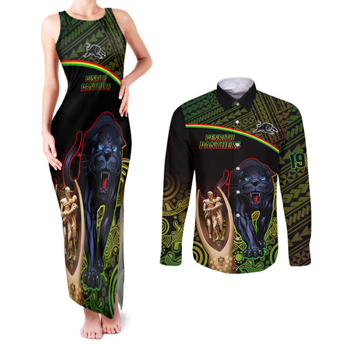 panthers-rugby-couples-matching-tank-maxi-dress-and-long-sleeve-button-shirts-go-premiers-back-to-back-polynesian-indigenous-art