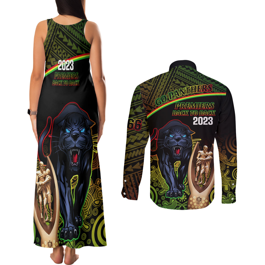 panthers-rugby-couples-matching-tank-maxi-dress-and-long-sleeve-button-shirts-go-premiers-back-to-back-polynesian-indigenous-art